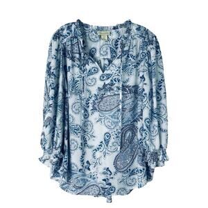 Cynthia Rowley blue white paisley lightweight semi sheer coastal preppy top 1X